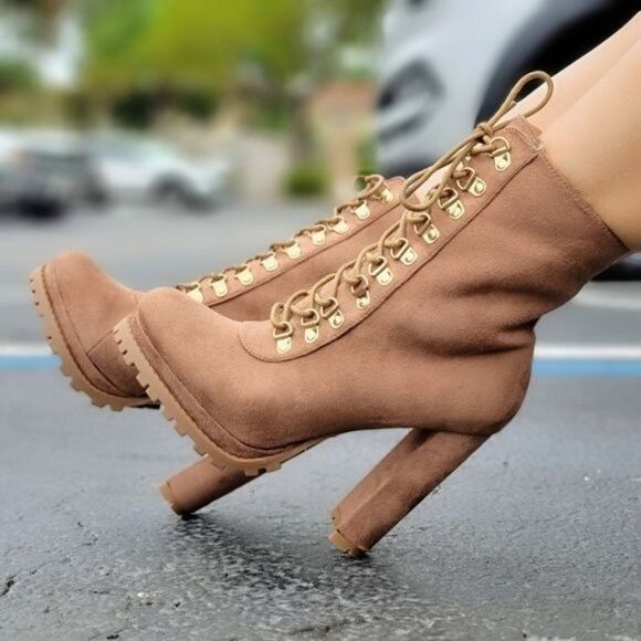 Taupe Lace up Platform Lug Sole Heeled Boots - Picture 3 of 6